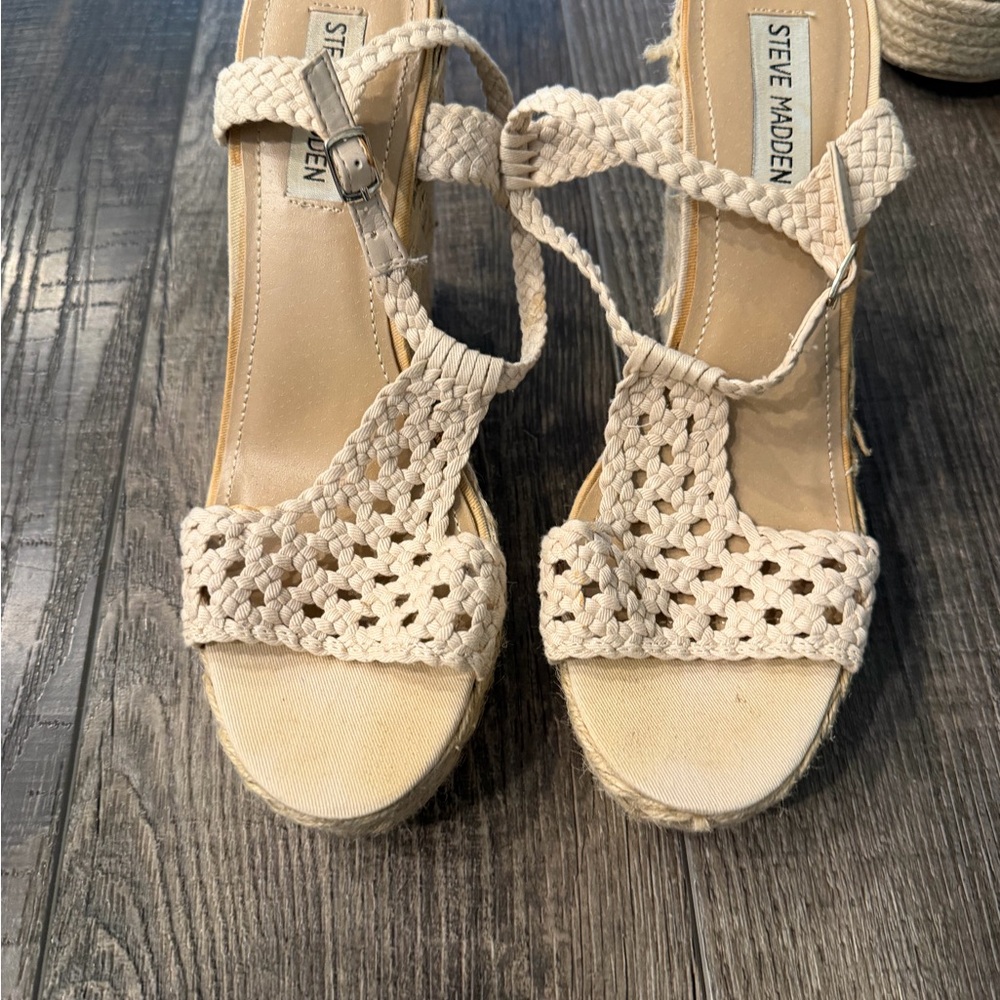 Steve Madden Cream Woven Espadrille Wedge Sandals